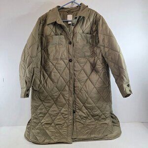 H&M Womens Quilted Long Jacket Size Large Olive Green